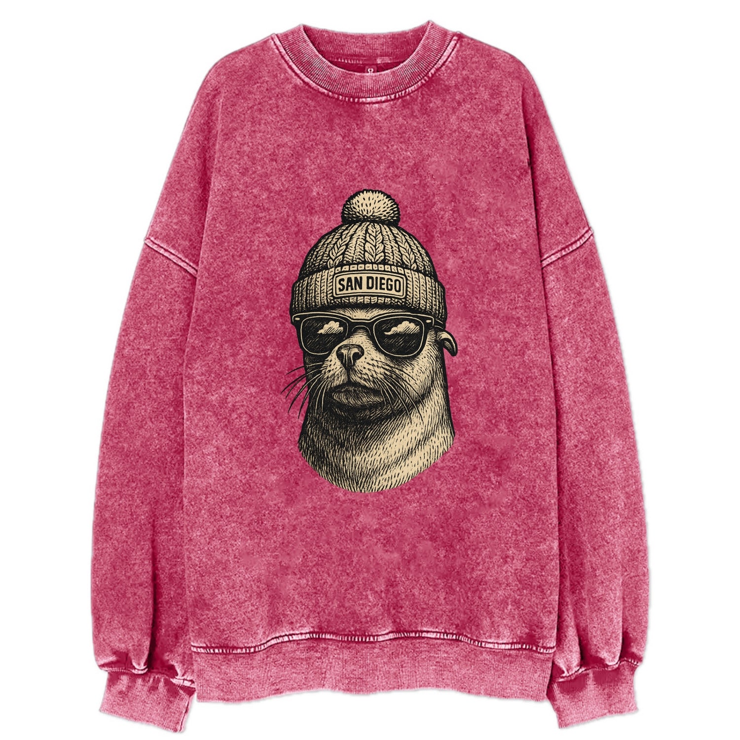San Diego Sea Lion wearing San Diego beanie with pom pom and wayfarer - Vintage Sweatshirt - Pink