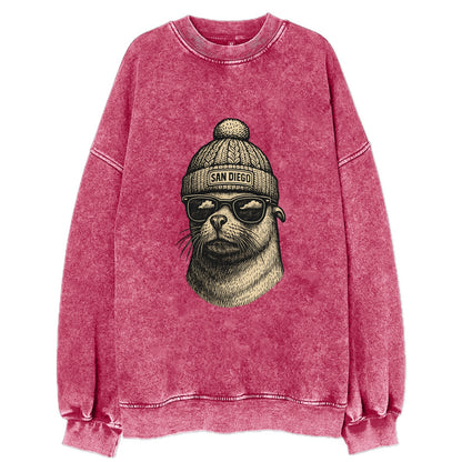 San Diego Sea Lion wearing San Diego beanie with pom pom and wayfarer - Vintage Sweatshirt - Pink