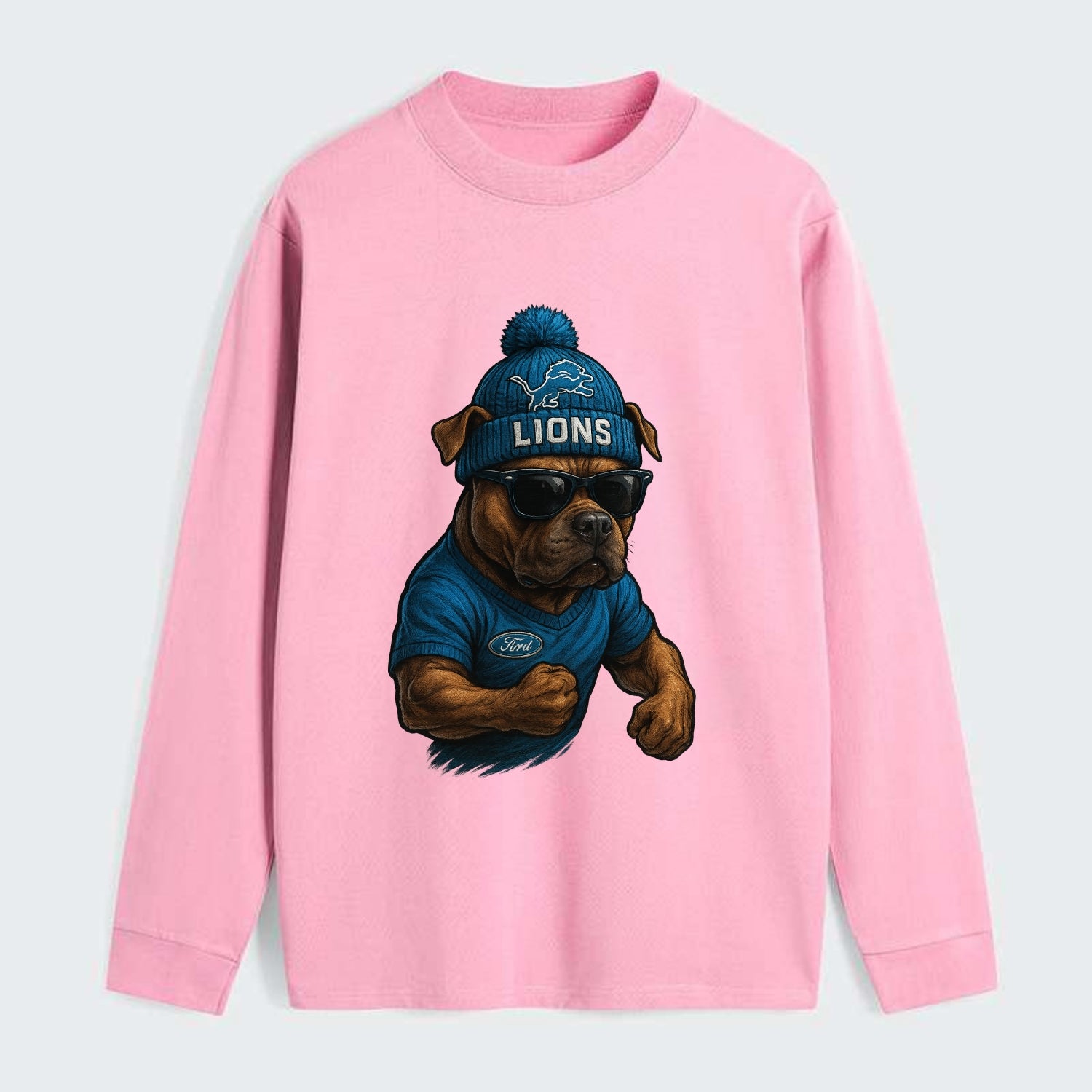 Detroit Pitbull wearing Lions beanie with auto patch and wayfarer - Classic Long Sleeve Shirt - Pink
