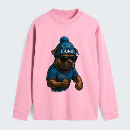 Detroit Pitbull wearing Lions beanie with auto patch and wayfarer - Classic Long Sleeve Shirt - Pink