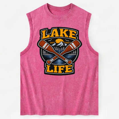CANOE PADDLE - wooden paddle crossed in brown and cream , lake life - Vintage Washed Tank - Pink