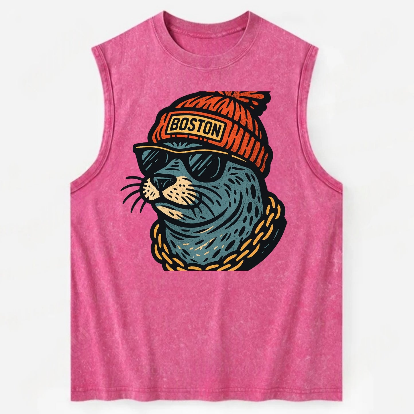 Boston Harbor Seal wearing Boston beanie with pom pom and wayfarer sunglasses - Vintage Washed Tank - Pink