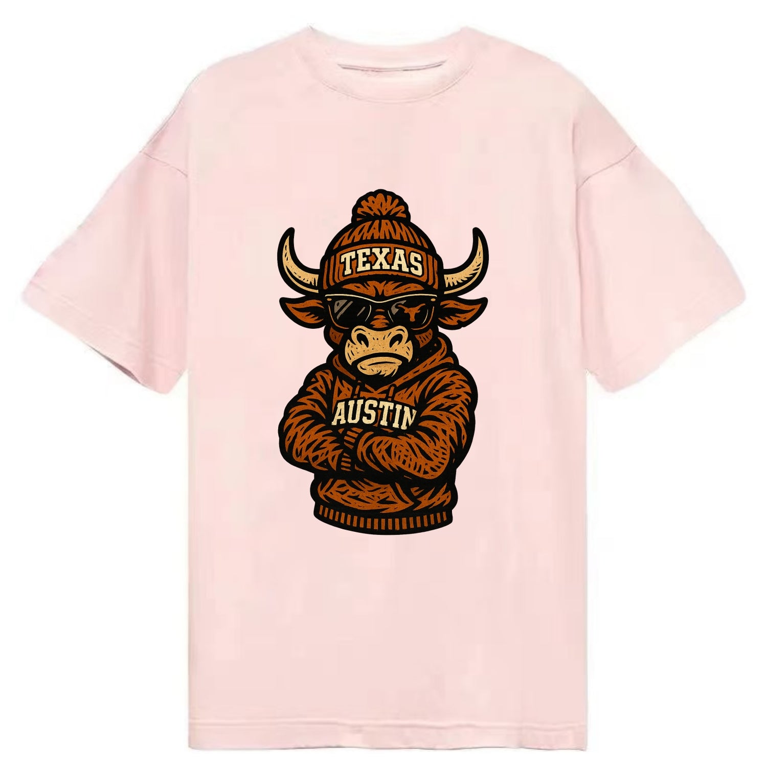 Austin Bevo wearing Texas beanie with longhorn patch - Classic T-shirt - Pink