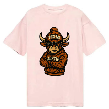Austin Bevo wearing Texas beanie with longhorn patch - Classic T-shirt - Pink