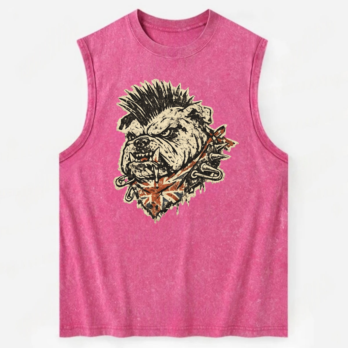 PUNK BULLDOG | British bulldog with mohawk | Safety pins through collar | - Vintage Washed Tank - Pink