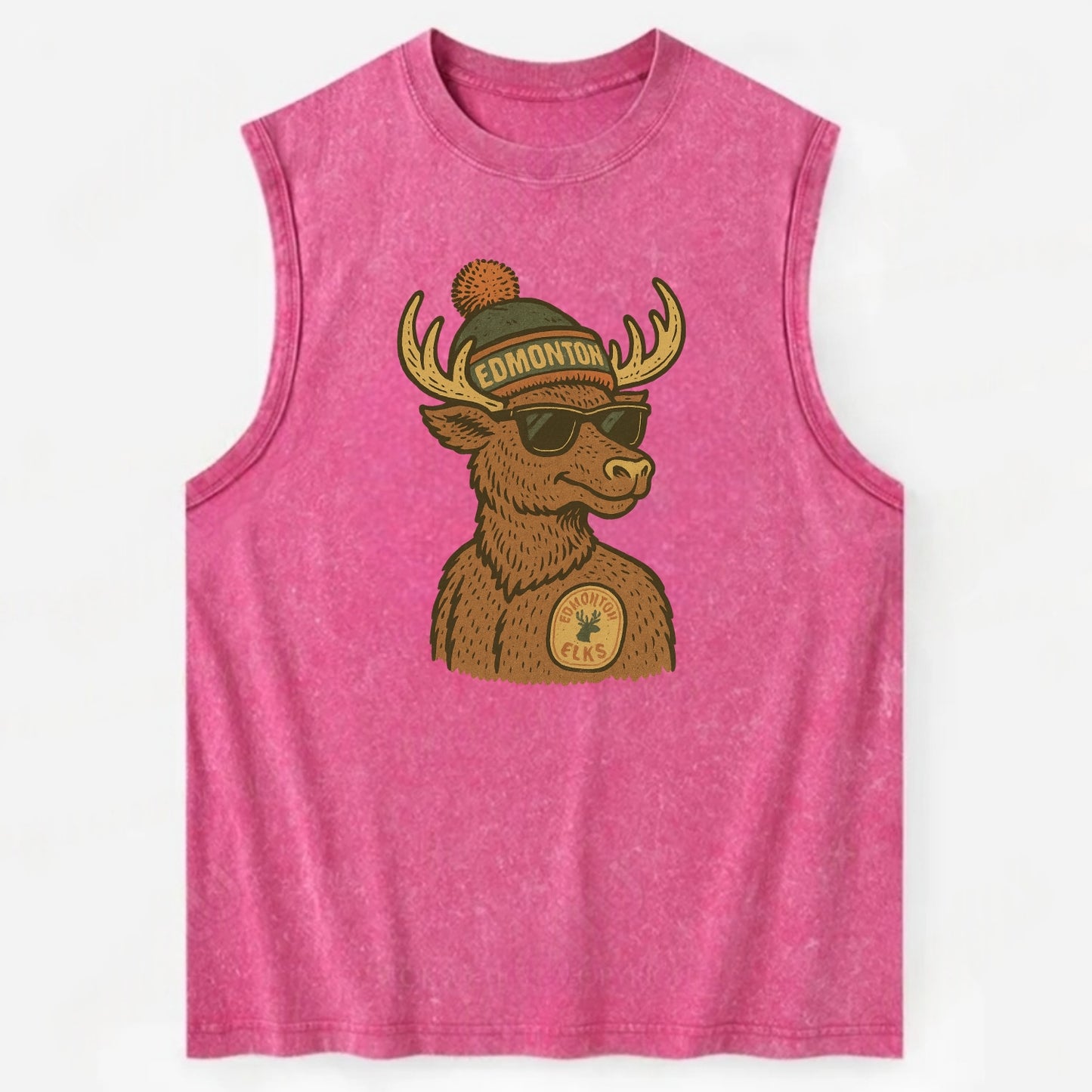 Edmonton Elk wearing Edmonton beanie with pom pom and wayfarer sunglasses - Vintage Washed Tank - Pink