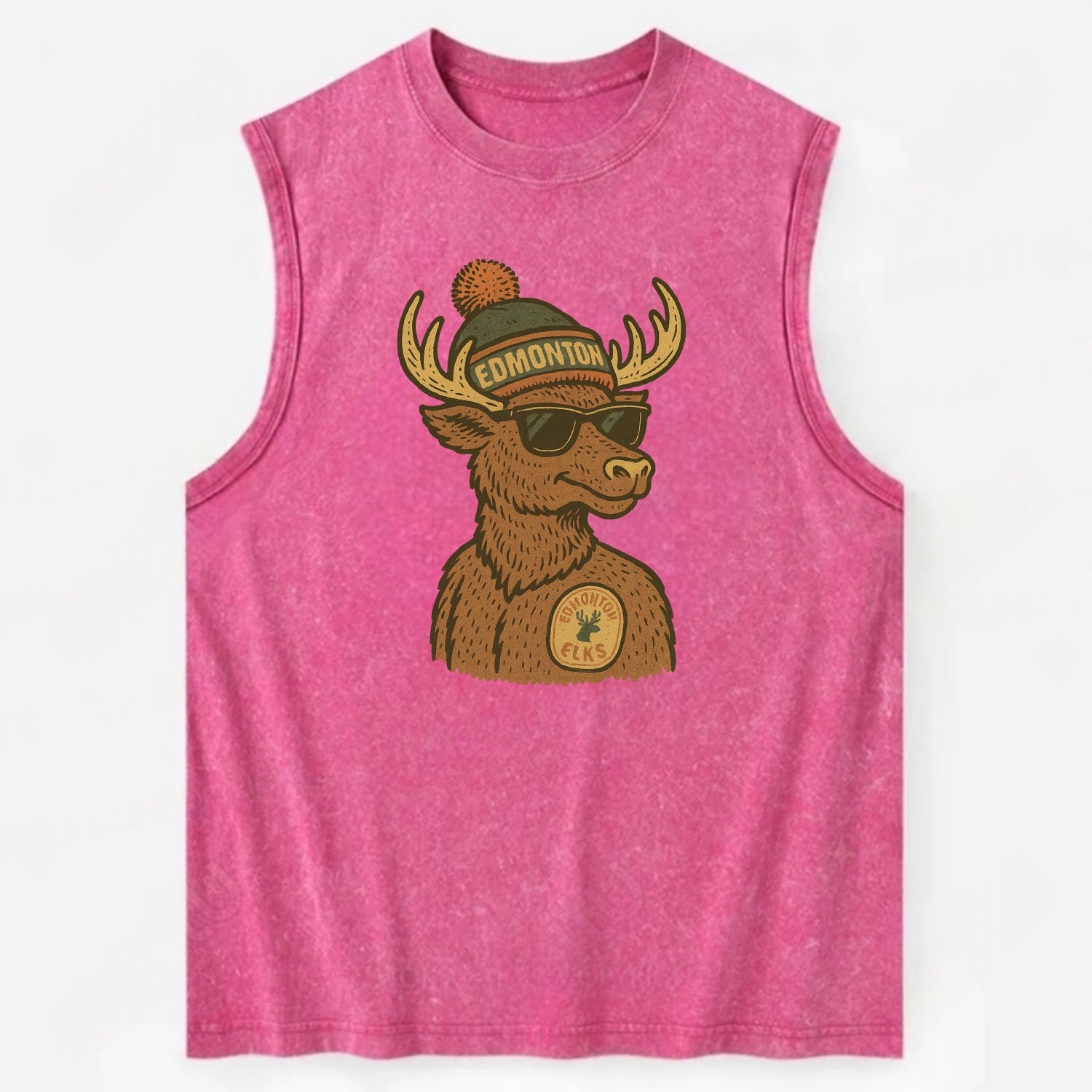 Edmonton Elk wearing Edmonton beanie with pom pom and wayfarer sunglasses - Vintage Washed Tank - Pink