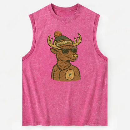 Edmonton Elk wearing Edmonton beanie with pom pom and wayfarer sunglasses - Vintage Washed Tank - Pink