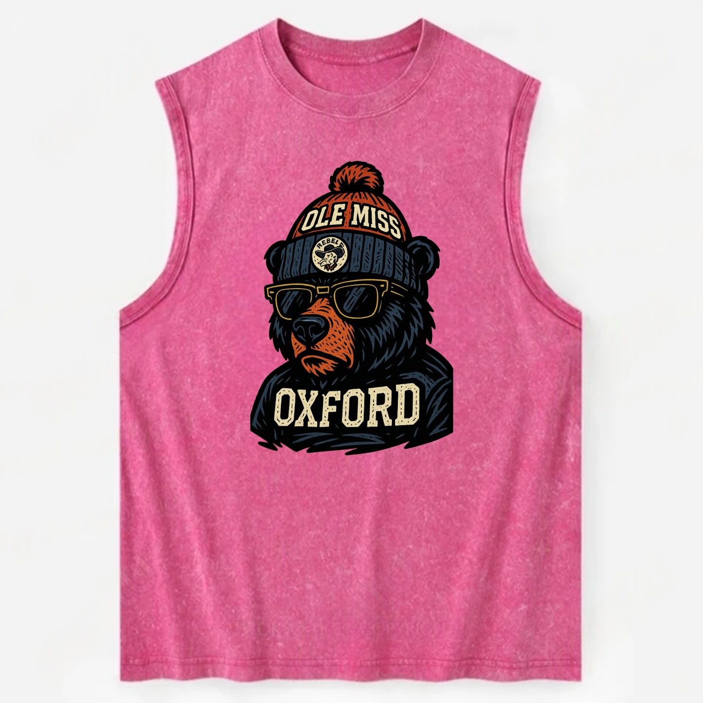 Oxford Black Bear wearing Ole Miss beanie with rebel patch - Vintage Washed Tank - Pink