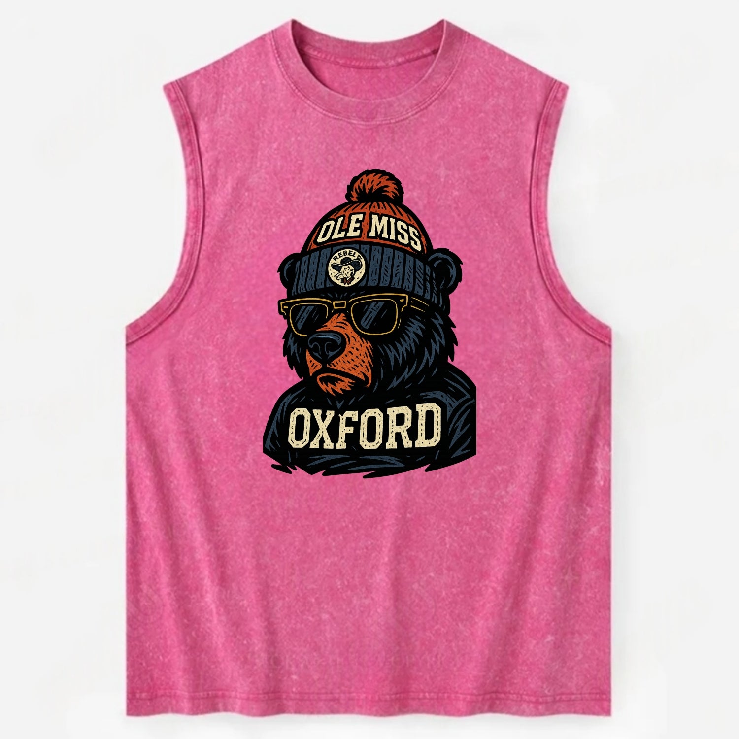 Oxford Black Bear wearing Ole Miss beanie with rebel patch - Vintage Washed Tank - Pink