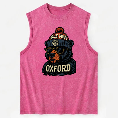 Oxford Black Bear wearing Ole Miss beanie with rebel patch - Vintage Washed Tank - Pink