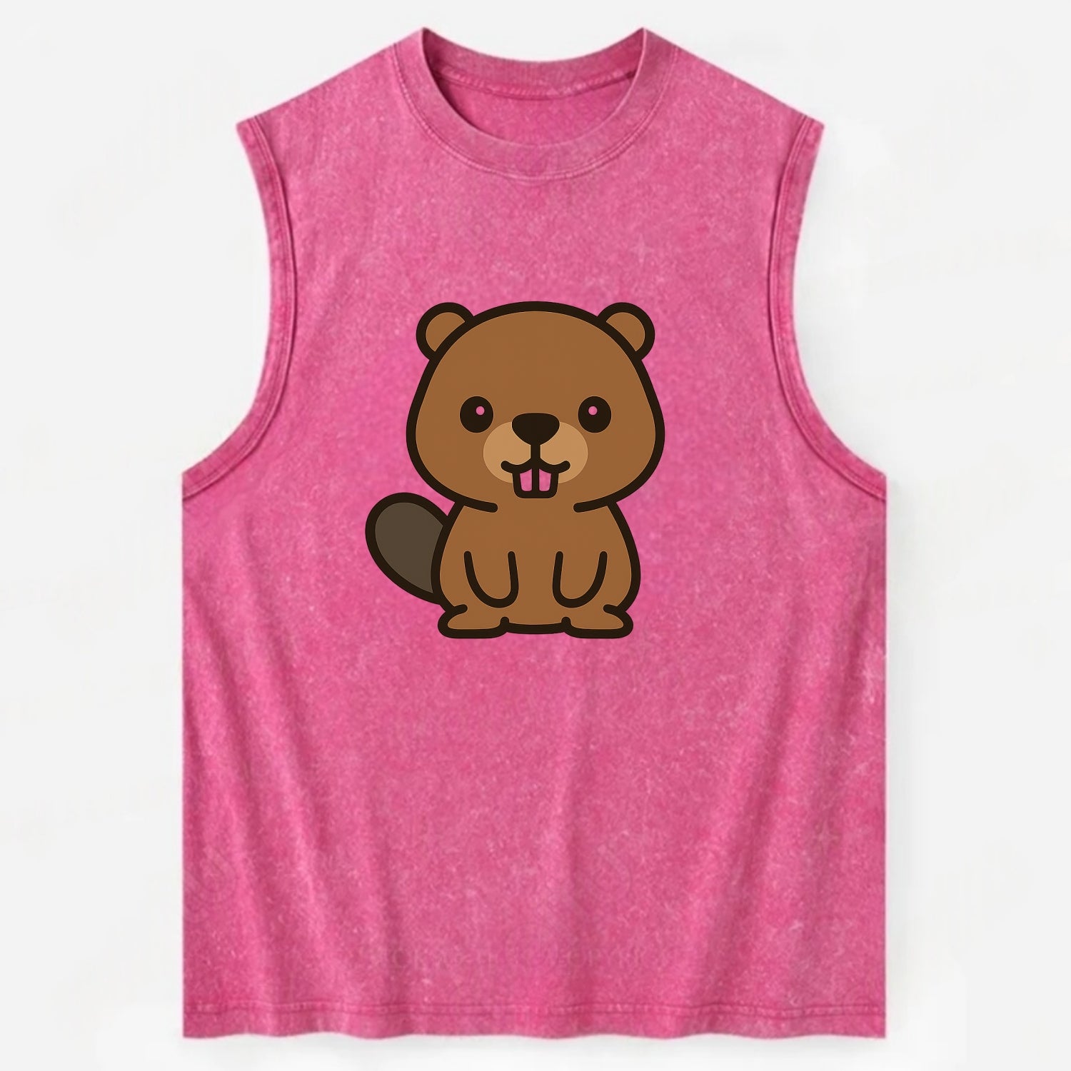 Baby Beaver - brown fur, paddle tail, buck teeth, friendly eyes, - Vintage Washed Tank - Pink