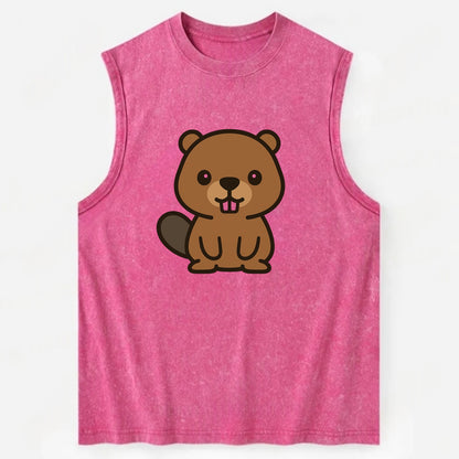 Baby Beaver - brown fur, paddle tail, buck teeth, friendly eyes, - Vintage Washed Tank - Pink