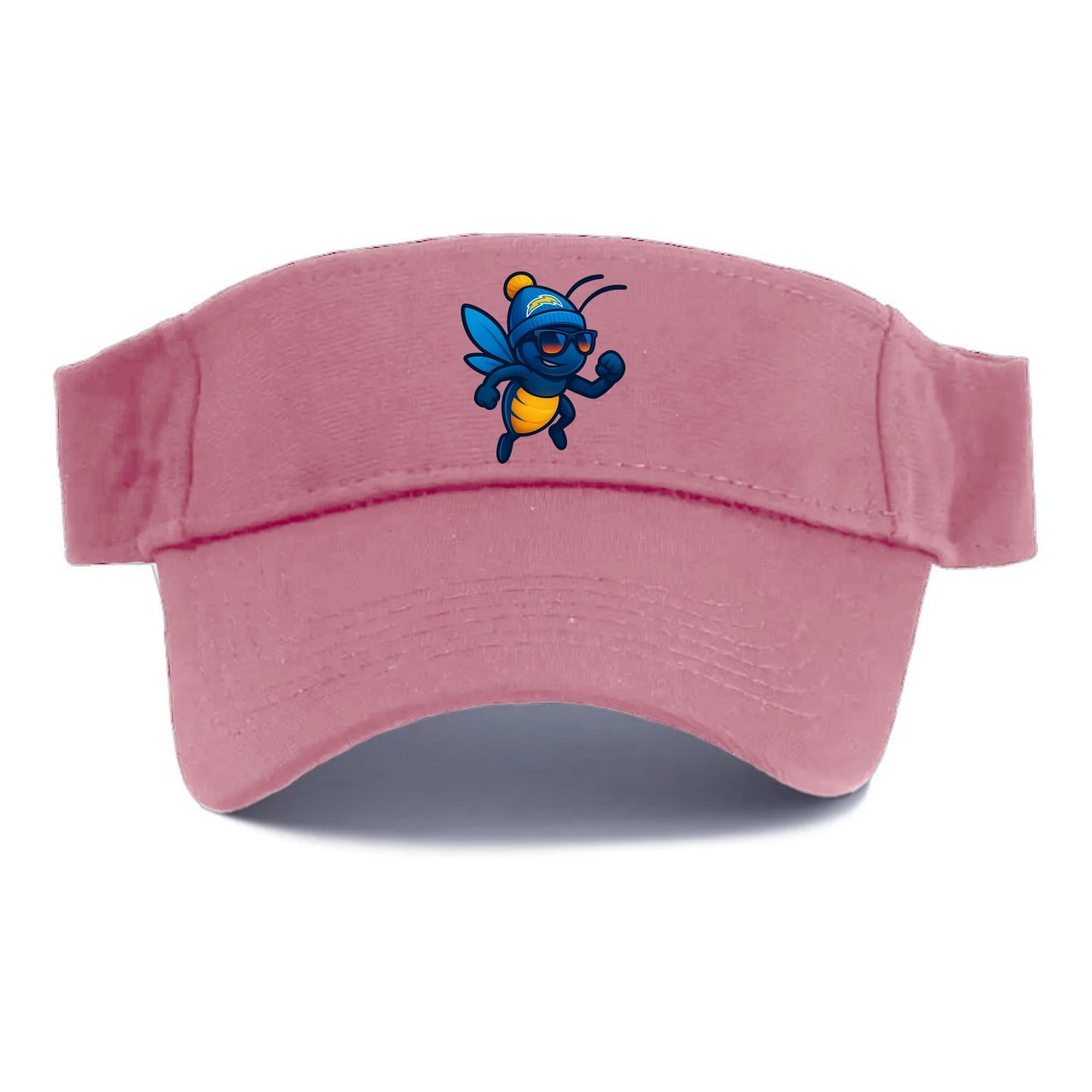 LA Lightning Bug wearing Chargers powder blue and gold beanie with pom pom and wayfarer - Visor - Pink