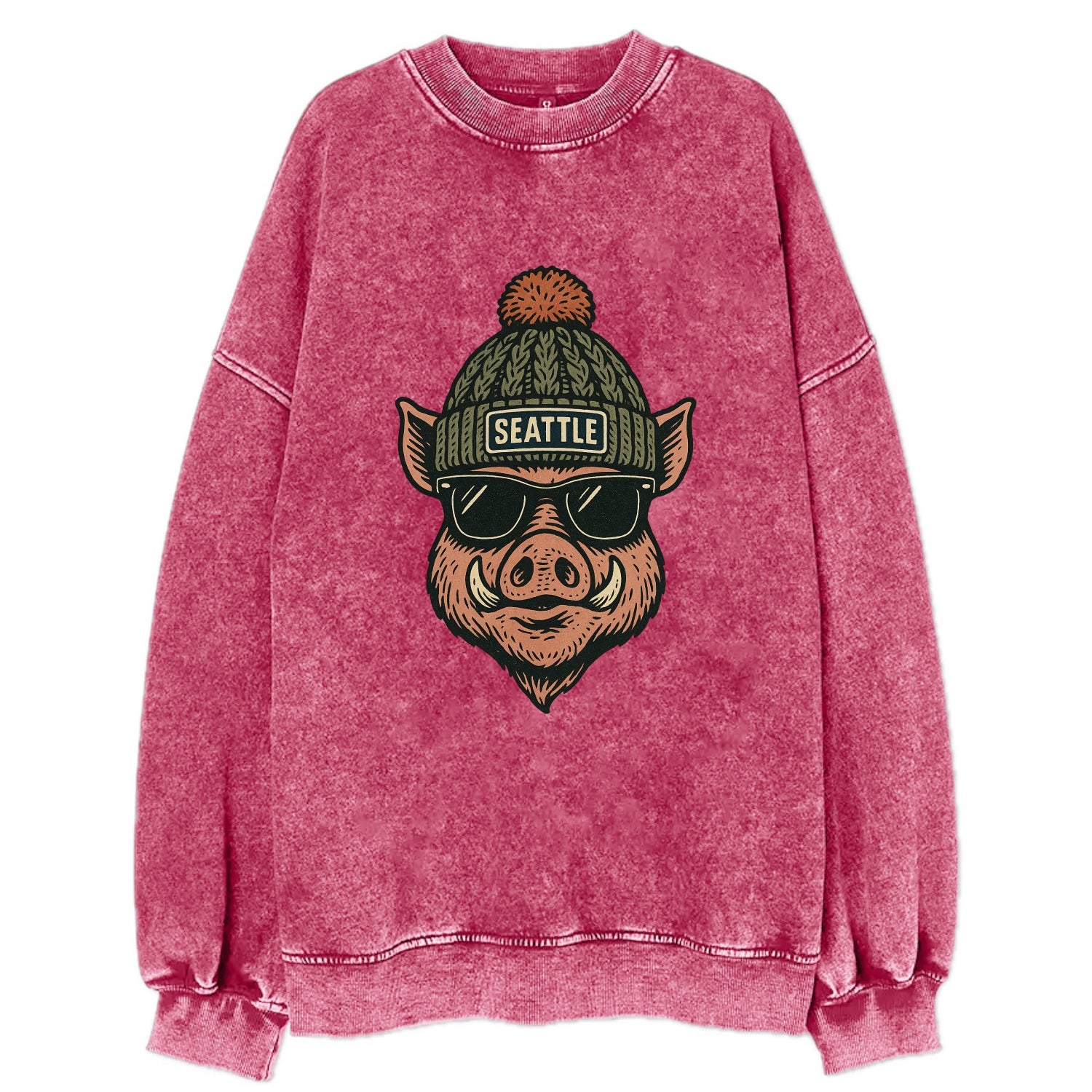 Washington Hog wearing Seattle beanie with pom pom and wayfarer sunglasses - Vintage Sweatshirt - Pink