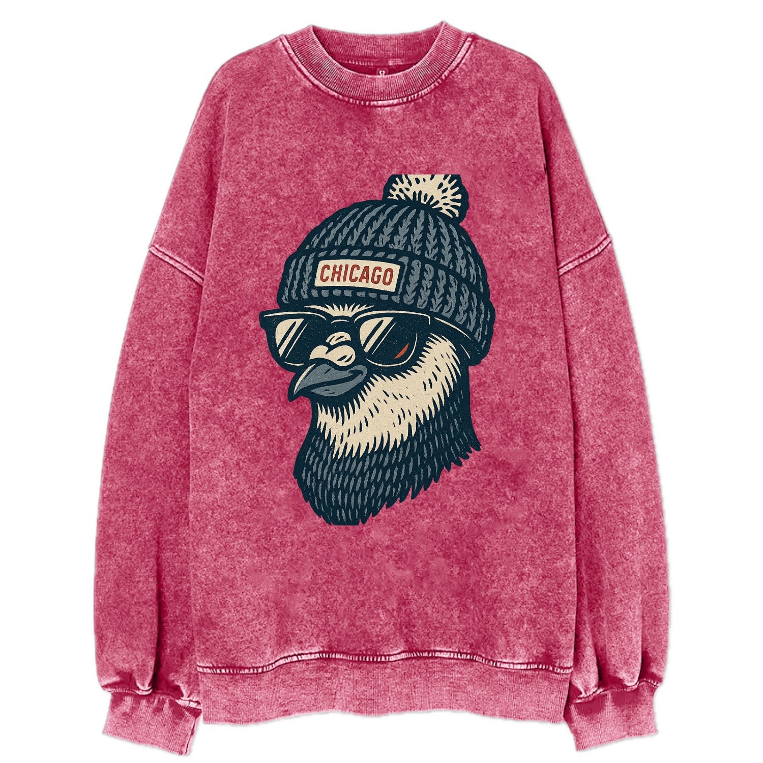 Chicago Pigeon wearing Chicago beanie with pom pom and wayfarer sunglasses - Vintage Sweatshirt - Pink