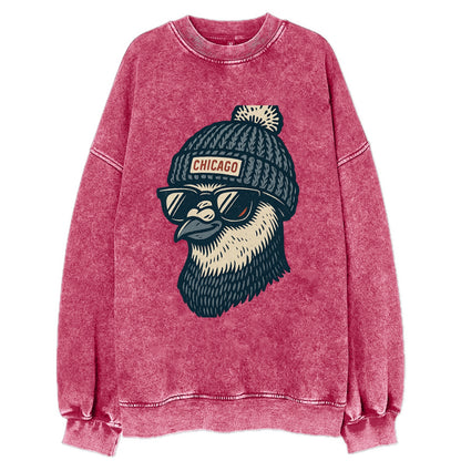 Chicago Pigeon wearing Chicago beanie with pom pom and wayfarer sunglasses - Vintage Sweatshirt - Pink