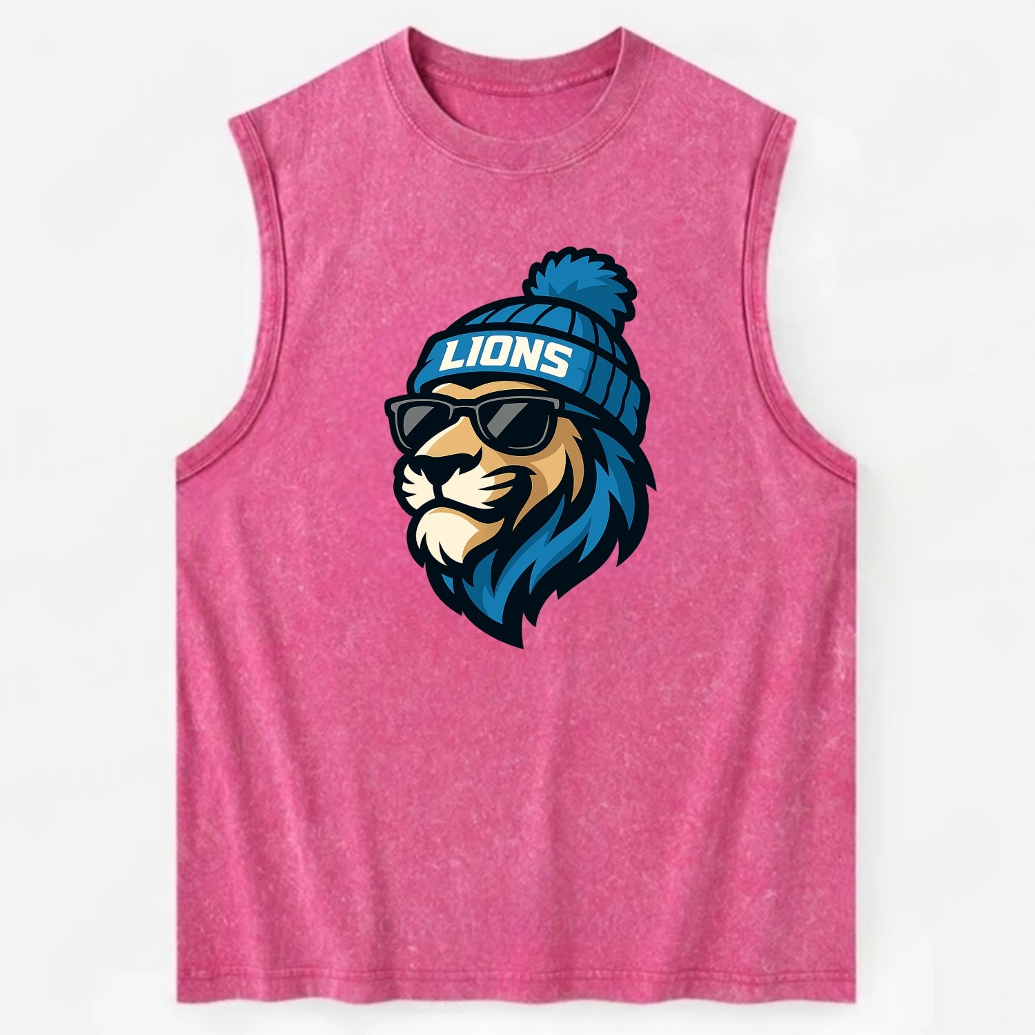 Detroit Lion wearing Lions Honolulu blue and silver beanie with pom pom and - Vintage Washed Tank - Pink