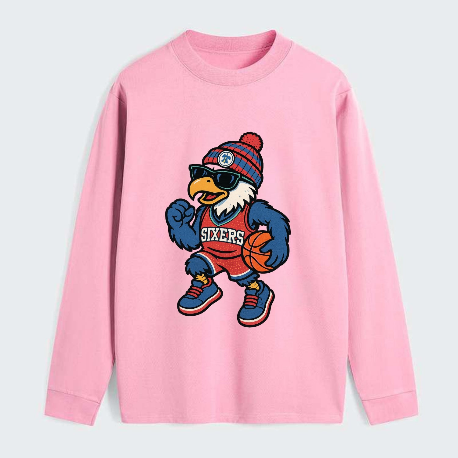 Philadelphia Eagle wearing 76ers red white and blue beanie with bell - Classic Long Sleeve Shirt - Pink