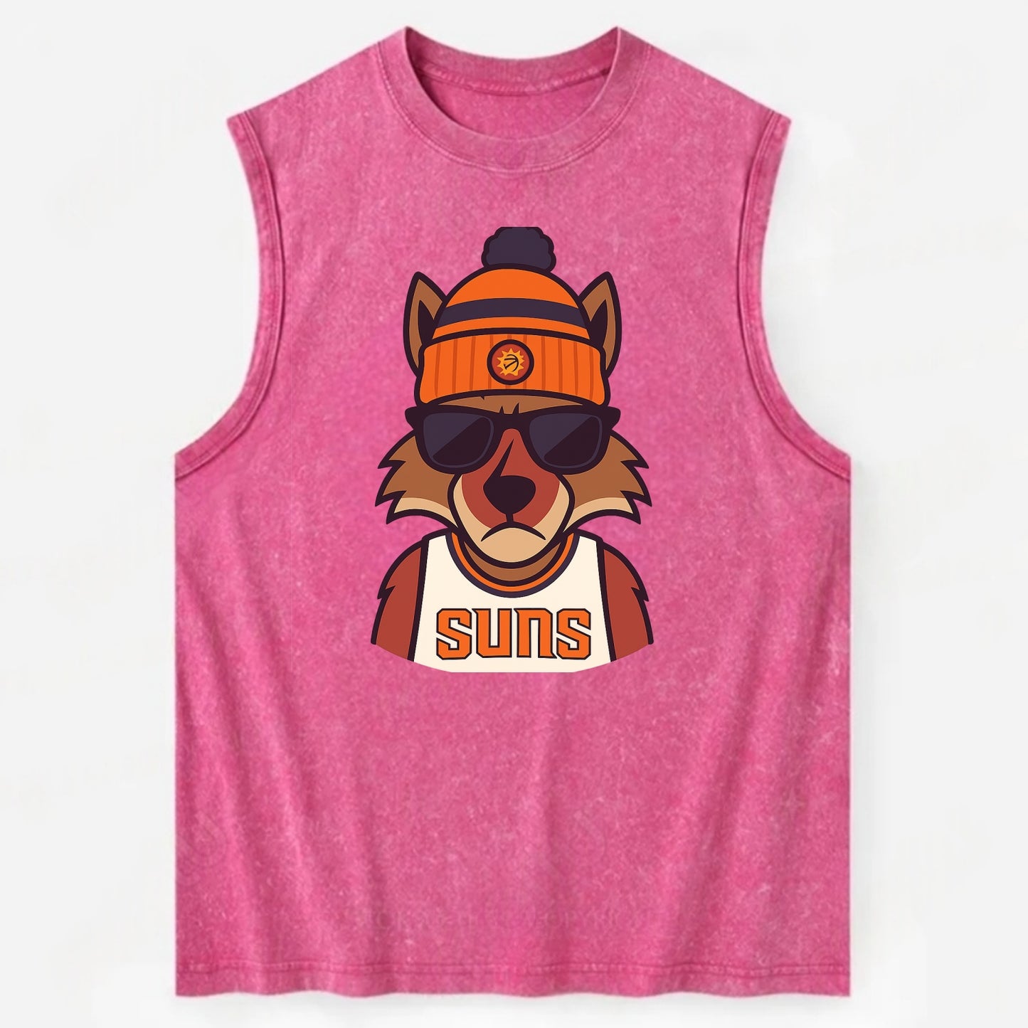 Arizona Coyote wearing Suns beanie with desert sun patch and wayfarer - Vintage Washed Tank - Pink