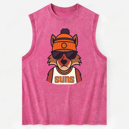 Arizona Coyote wearing Suns beanie with desert sun patch and wayfarer - Vintage Washed Tank - Pink