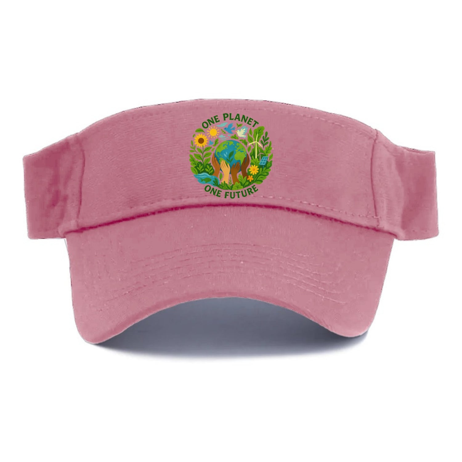 Globe surrounded by hands of all colors working together - "One Planet, One Future" - - Visor - Pink