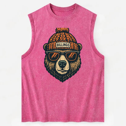 Montana Grizzly Bear wearing Billings beanie with pom pom and wayfarer - Vintage Washed Tank - Pink