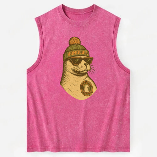 Hawaii Monk Seal wearing Honolulu beanie with pom pom and wayfarer sunglasses - Vintage Washed Tank