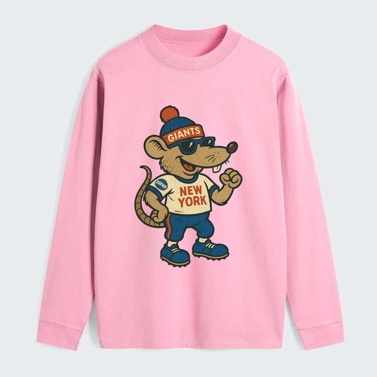New York Rat wearing Giants beanie with subway patch and wayfarer - Classic Long Sleeve Shirt - Pink