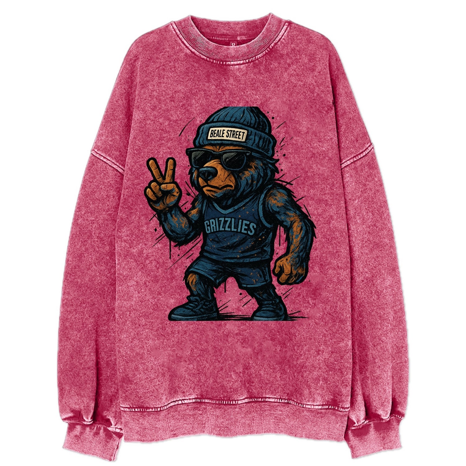 Memphis Grizzly Bear wearing Grizzlies navy and light blue beanie with Beale - Vintage Sweatshirt - Pink