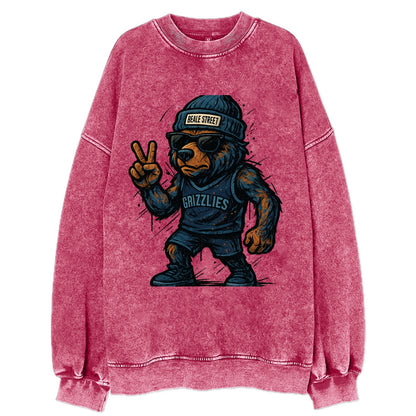 Memphis Grizzly Bear wearing Grizzlies navy and light blue beanie with Beale - Vintage Sweatshirt - Pink
