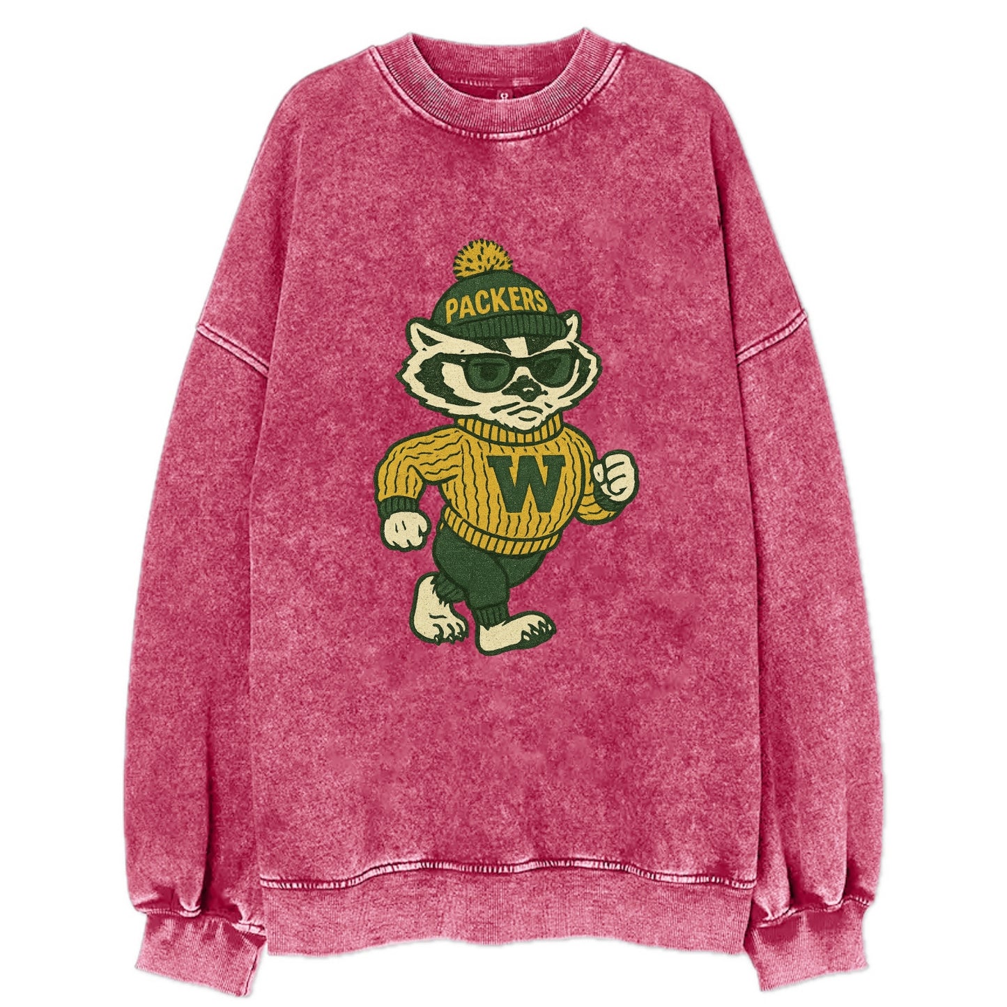 Wisconsin Badger wearing Packers green and gold beanie with pom pom and - Vintage Sweatshirt - Pink