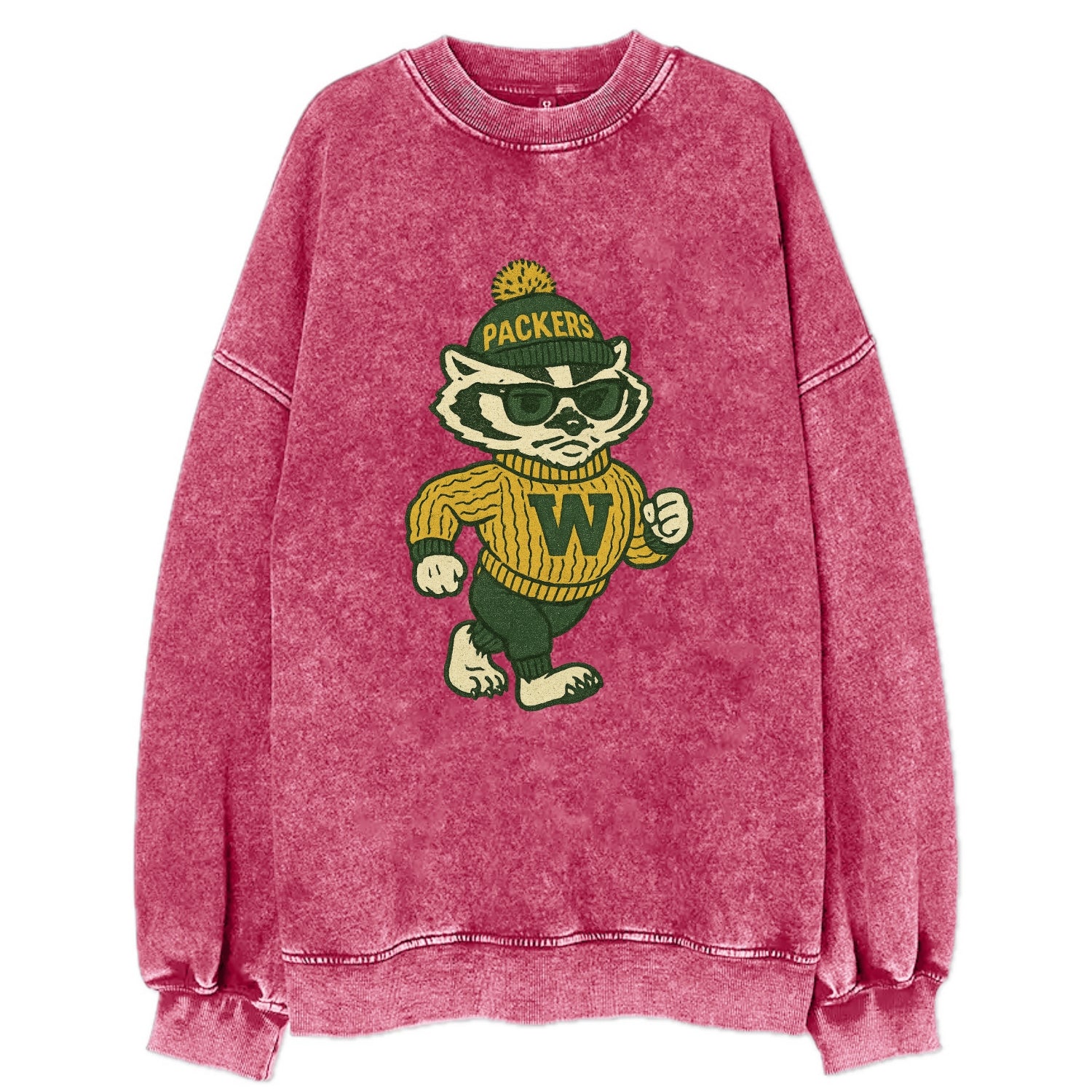 Wisconsin Badger wearing Packers green and gold beanie with pom pom and - Vintage Sweatshirt - Pink