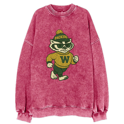 Wisconsin Badger wearing Packers green and gold beanie with pom pom and - Vintage Sweatshirt - Pink