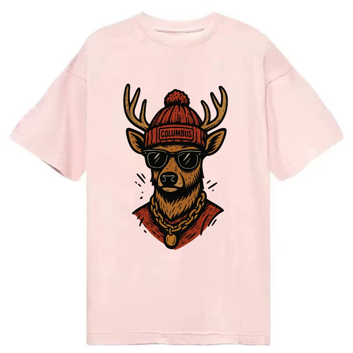 Columbus White-tailed Deer wearing Columbus beanie with pom pom and wayfarer - Classic T-shirt - Pink