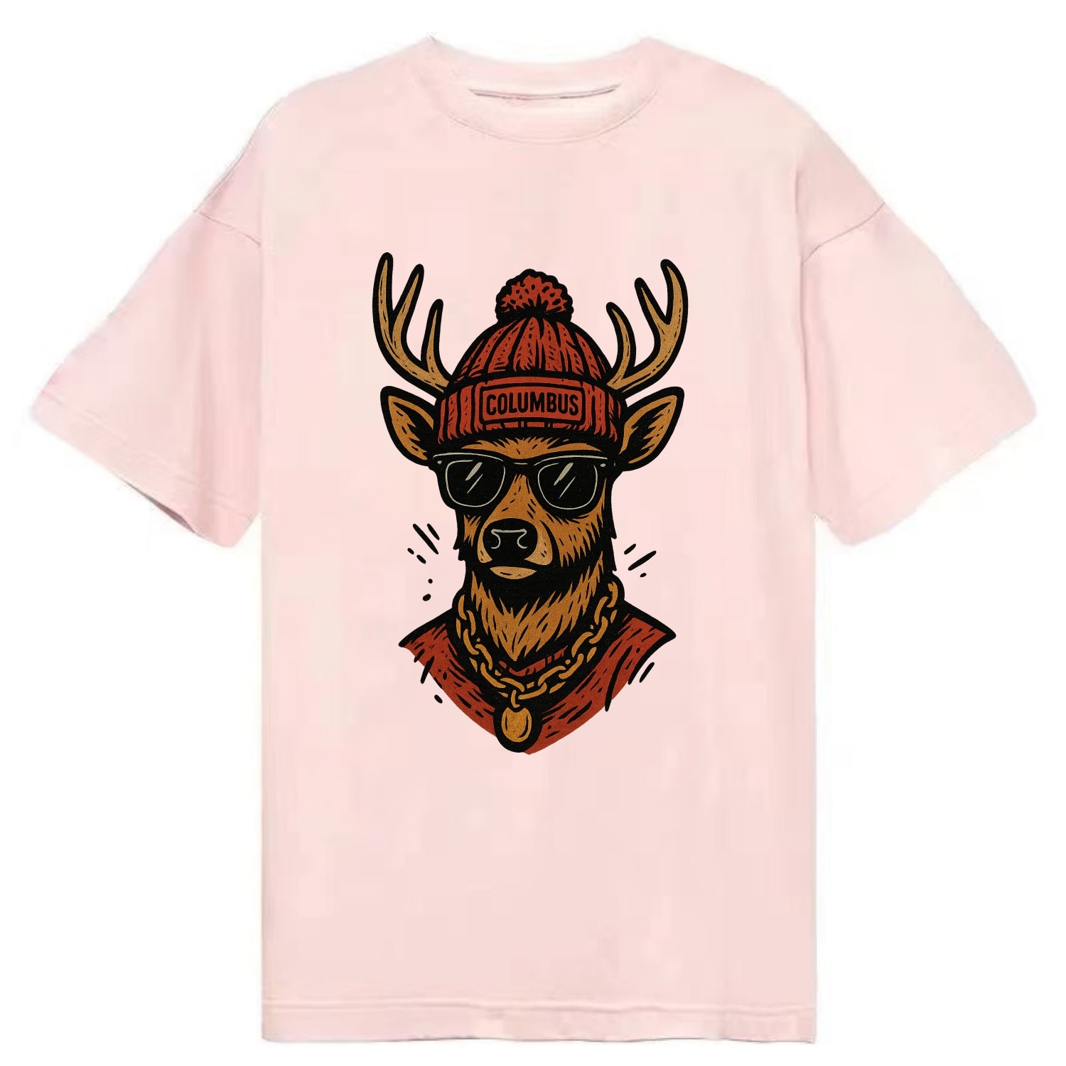 Columbus White-tailed Deer wearing Columbus beanie with pom pom and wayfarer - Classic T-shirt - Pink