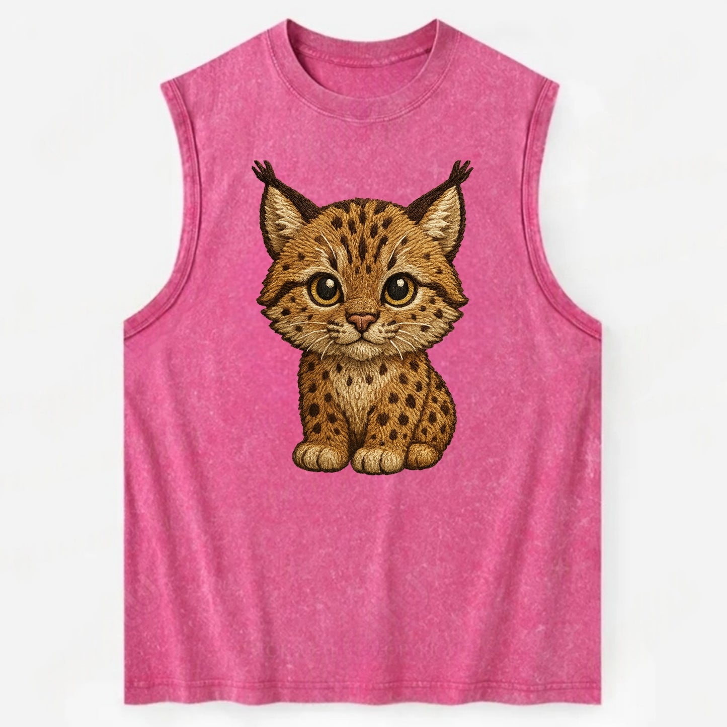 Baby Lynx Cub - tufted ears, spotted fur, golden eyes, front-facing, wild baby - Vintage Washed Tank - Pink