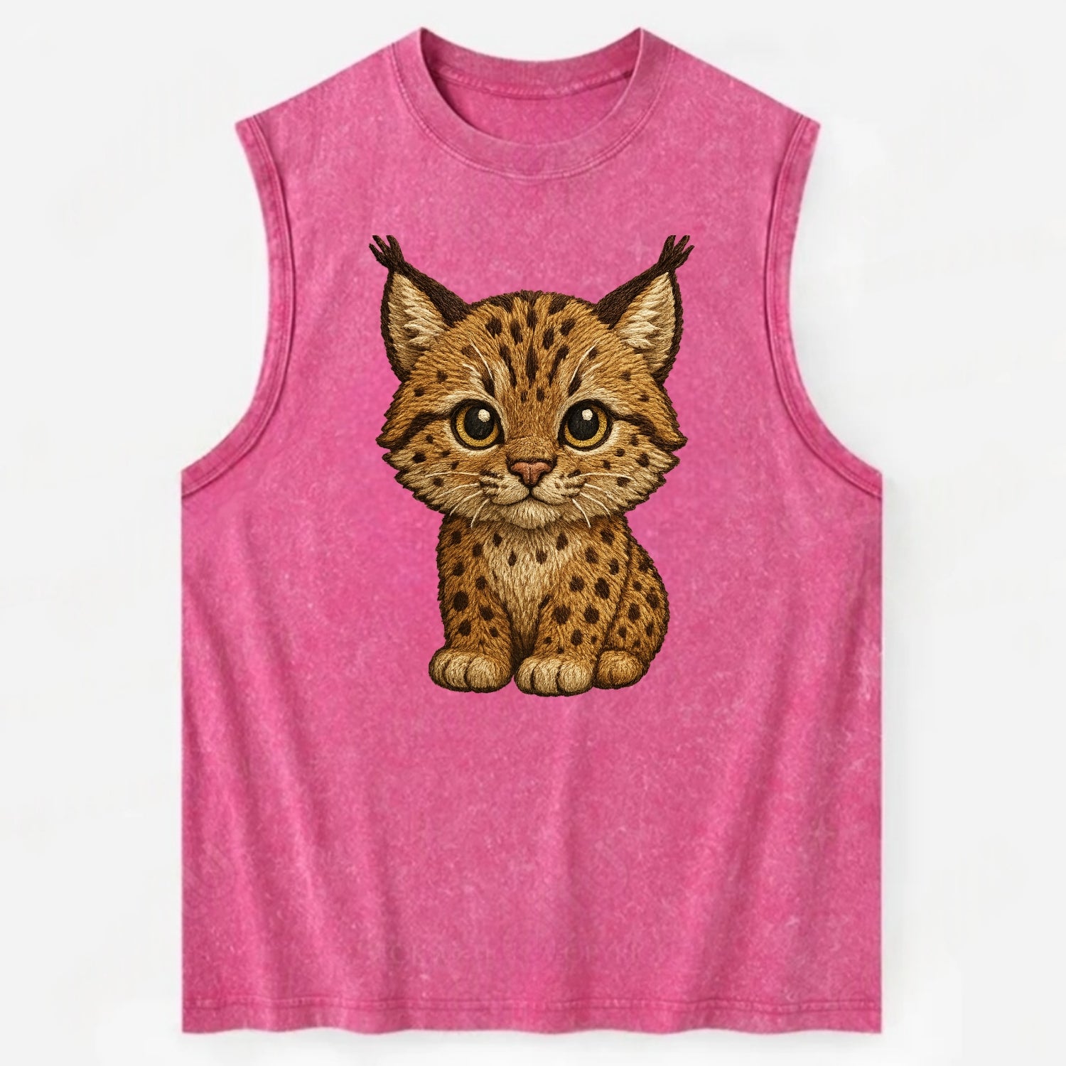 Baby Lynx Cub - tufted ears, spotted fur, golden eyes, front-facing, wild baby - Vintage Washed Tank - Pink