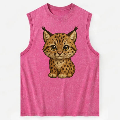 Baby Lynx Cub - tufted ears, spotted fur, golden eyes, front-facing, wild baby - Vintage Washed Tank - Pink