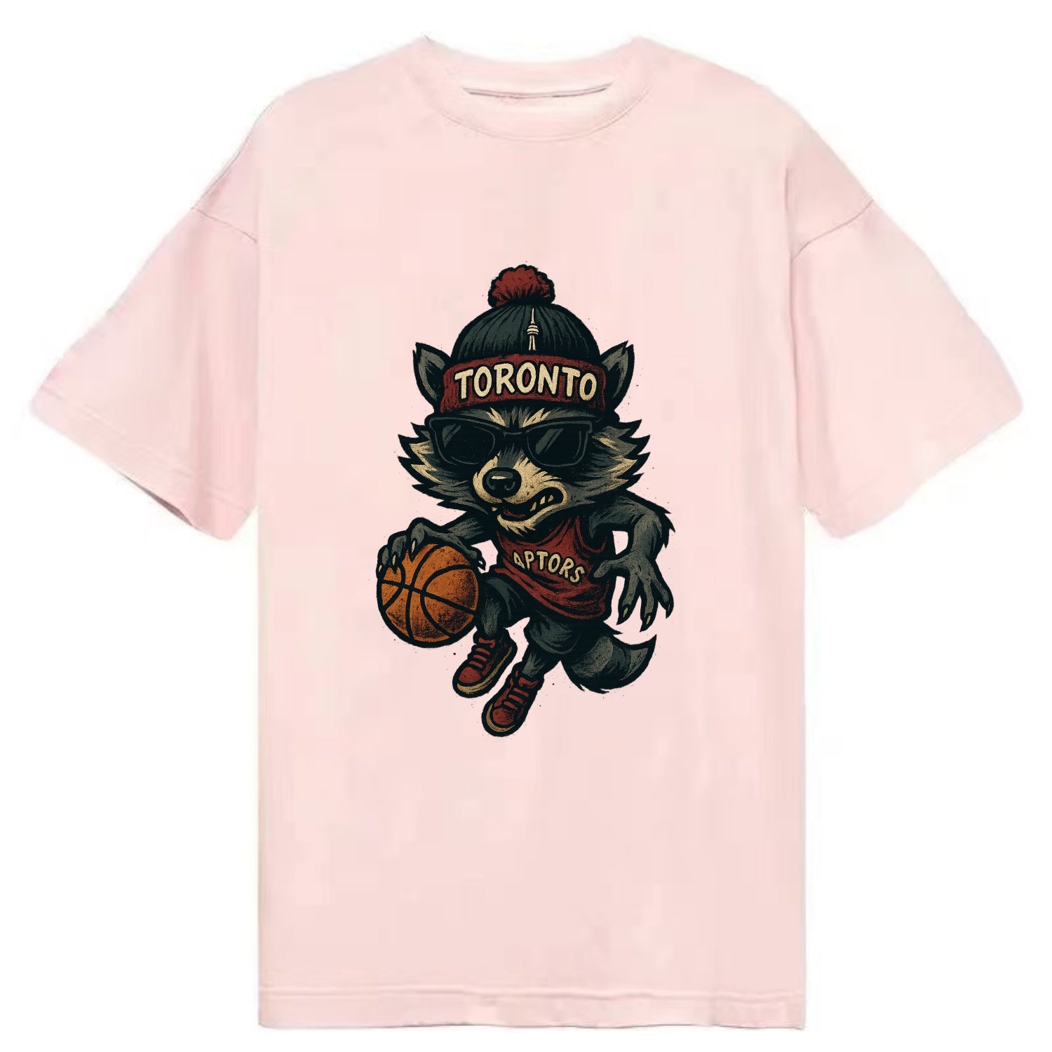 Toronto Raccoon wearing Raptors beanie with CN Tower patch and wayfarer sunglasses - Classic T-shirt - Pink