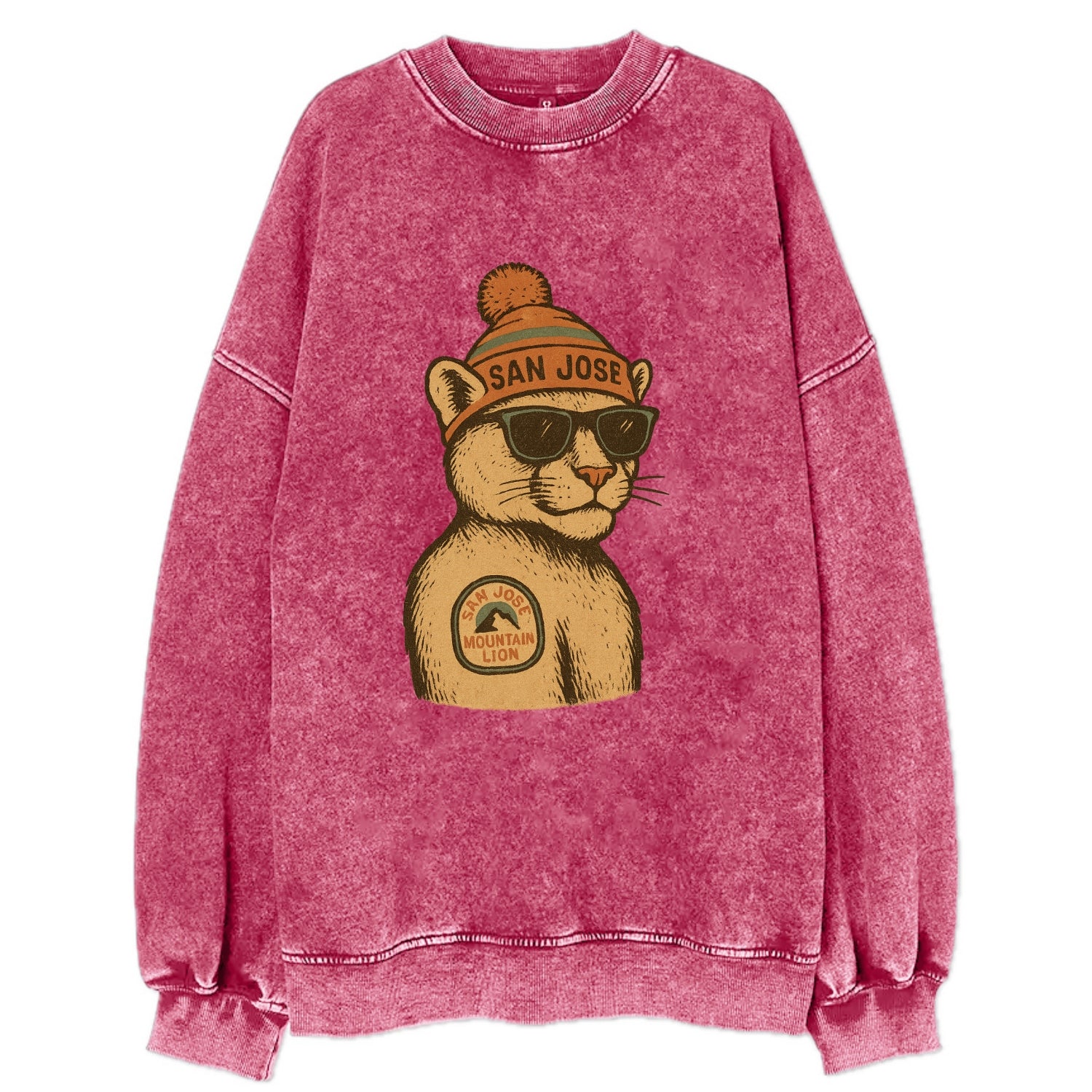 San Jose Mountain Lion wearing San Jose beanie with pom pom and wayfarer - Vintage Sweatshirt - Pink