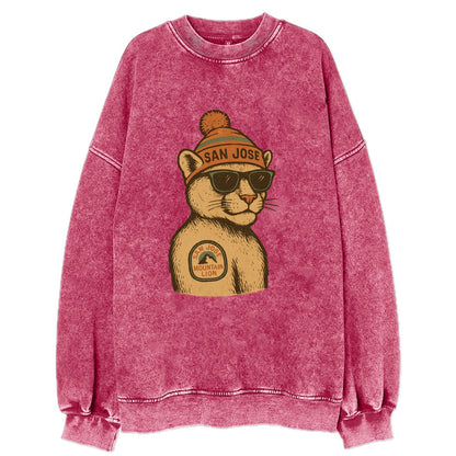 San Jose Mountain Lion wearing San Jose beanie with pom pom and wayfarer - Vintage Sweatshirt - Pink