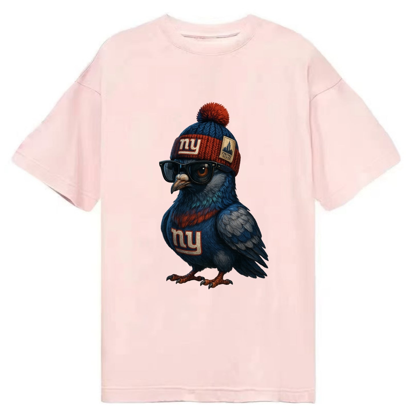 Manhattan Pigeon wearing Giants beanie with Empire State patch and wayfarer - Classic T-shirt - Pink