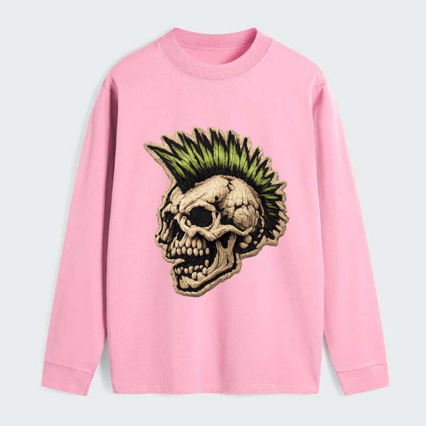 MOHAWK SKULL - punk skull with mohawk in neon green and black , punk - Classic Long Sleeve Shirt - Pink