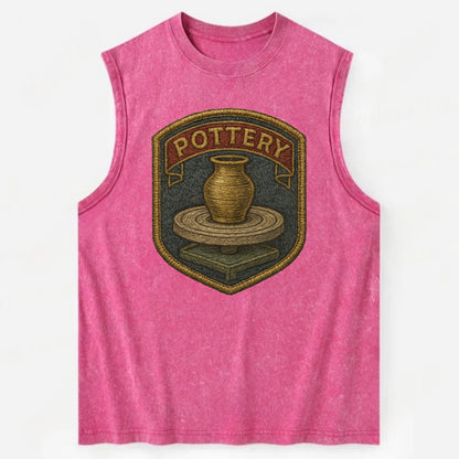 Pottery wheel with clay vessel - ceramicist symbol - Vintage Washed Tank - Pink