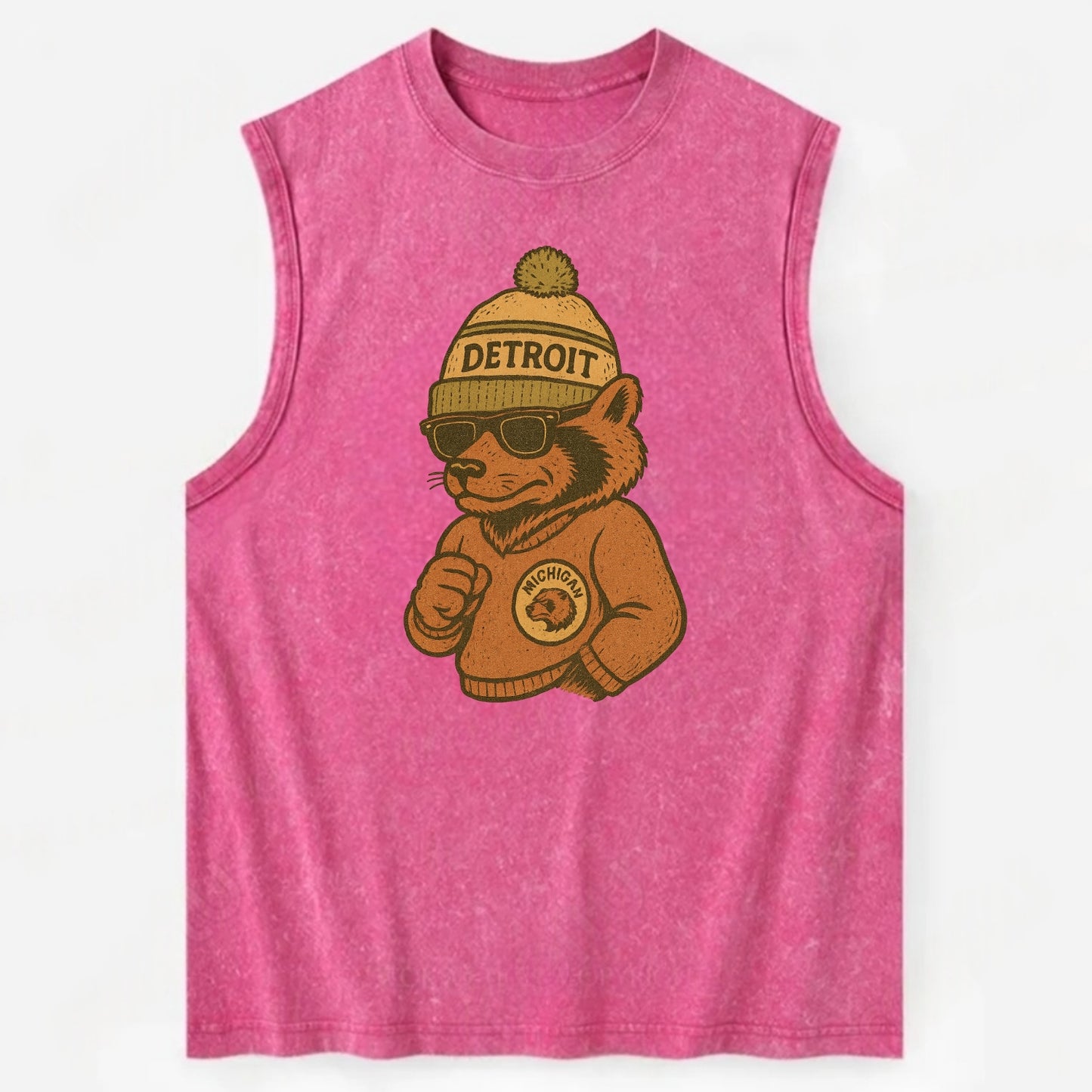 Michigan Wolverine wearing Detroit beanie with pom pom and wayfarer sunglasses - Vintage Washed Tank - Pink