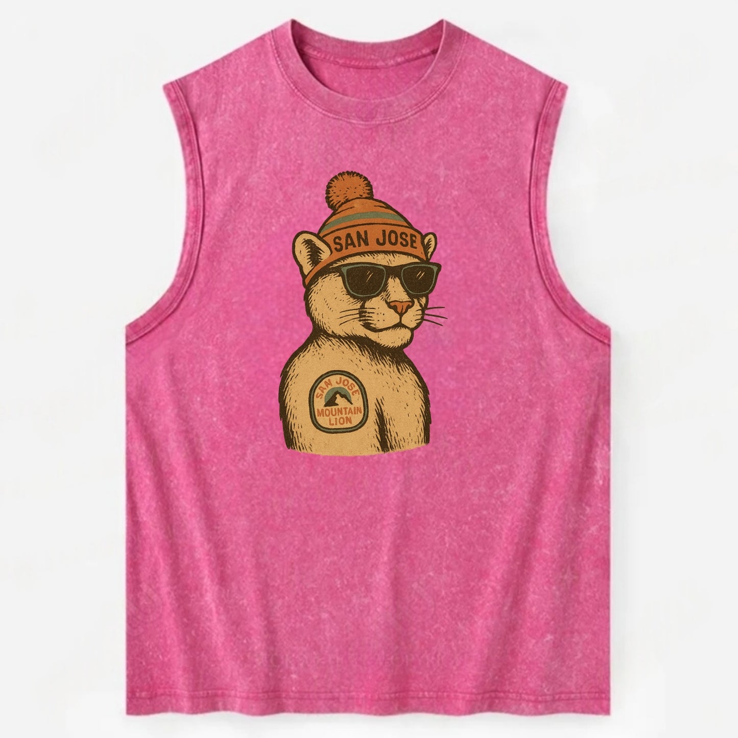 San Jose Mountain Lion wearing San Jose beanie with pom pom and wayfarer - Vintage Washed Tank - Pink