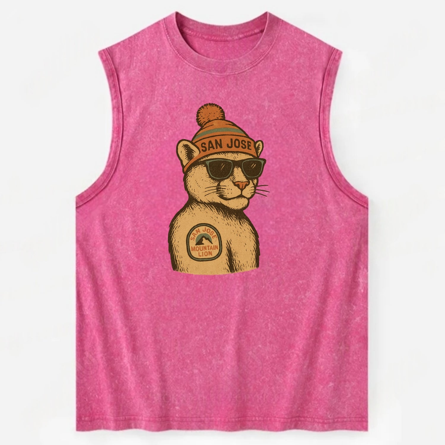San Jose Mountain Lion wearing San Jose beanie with pom pom and wayfarer - Vintage Washed Tank - Pink