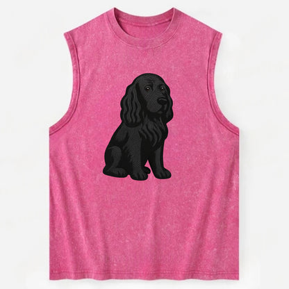 Field Spaniel - Black silky coat embroidered pose - Vintage Washed Tank - Pink