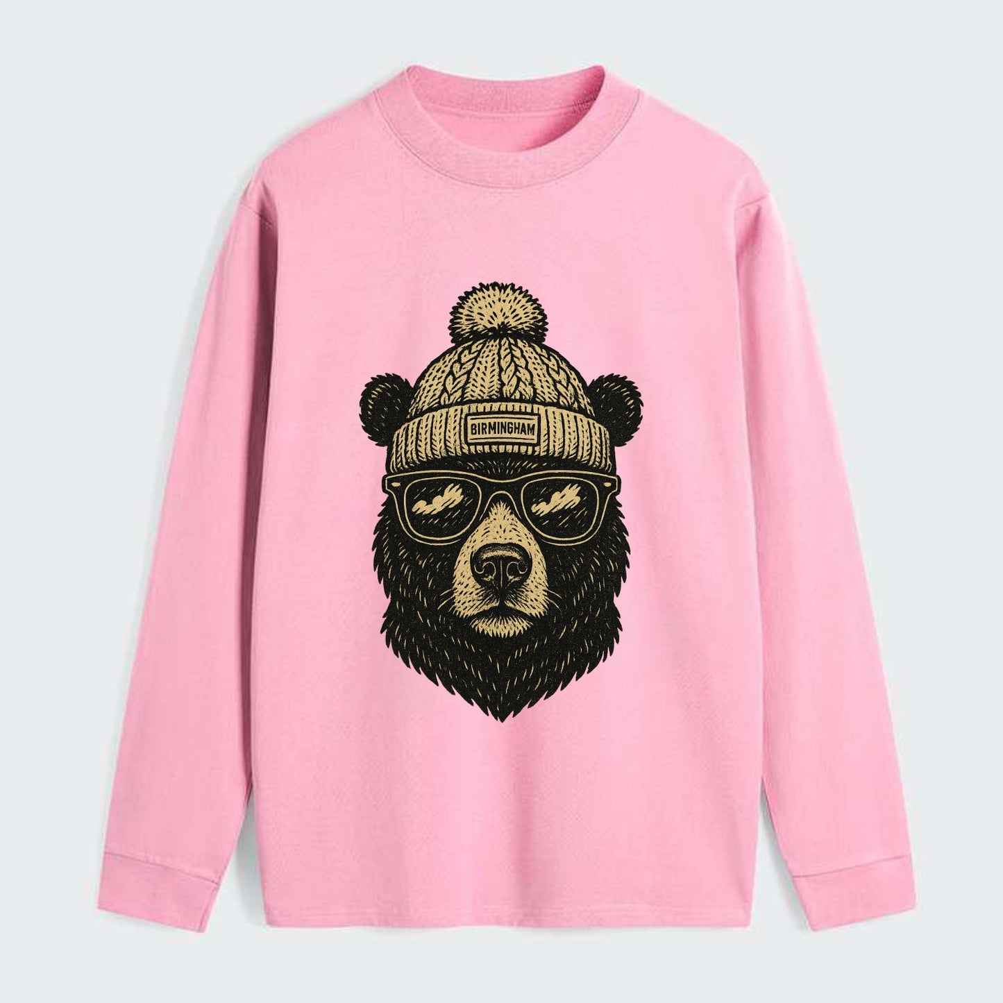 Alabama Black Bear wearing Birmingham beanie with pom pom and wayfarer - Classic Long Sleeve Shirt - Pink